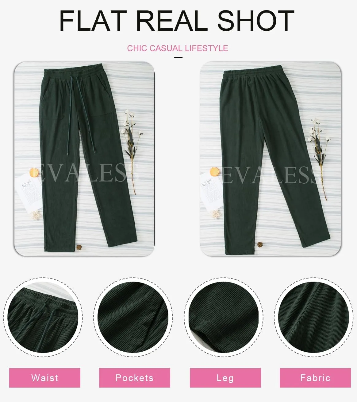 EVALESS Corduroy Pants for Women Casual Drawstring Elastic High Waist Straight Leg Pants Loose Comfy Trousers with Pockets