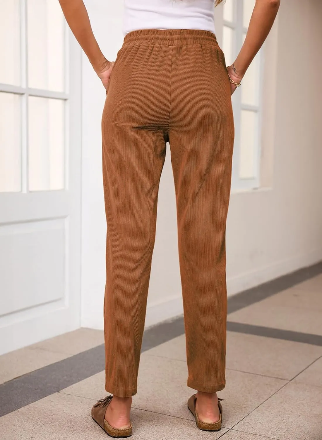 EVALESS Corduroy Pants for Women Casual Drawstring Elastic High Waist Straight Leg Pants Loose Comfy Trousers with Pockets