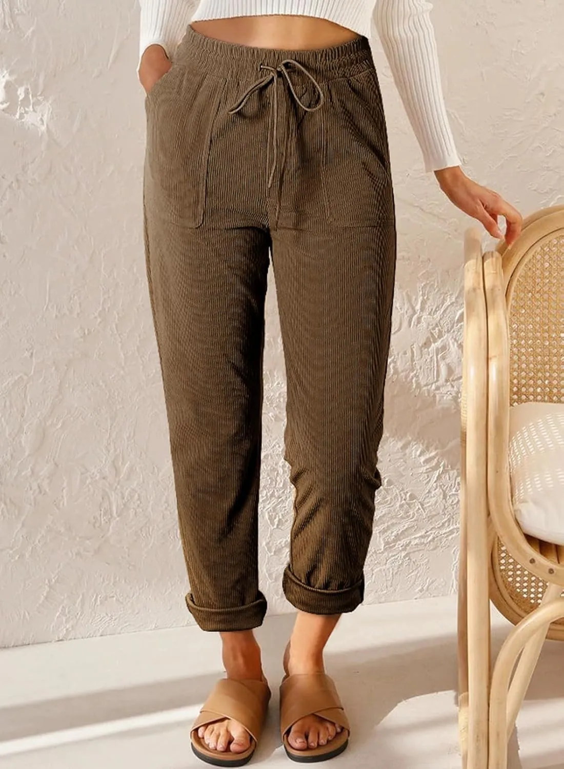 EVALESS Corduroy Pants for Women Casual Drawstring Elastic High Waist Straight Leg Pants Loose Comfy Trousers with Pockets