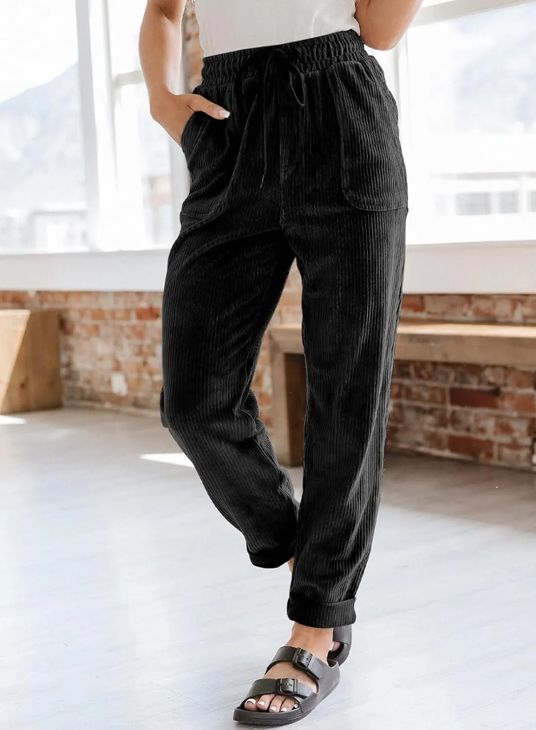 EVALESS Corduroy Pants for Women Casual Drawstring Elastic High Waist Straight Leg Pants Loose Comfy Trousers with Pockets