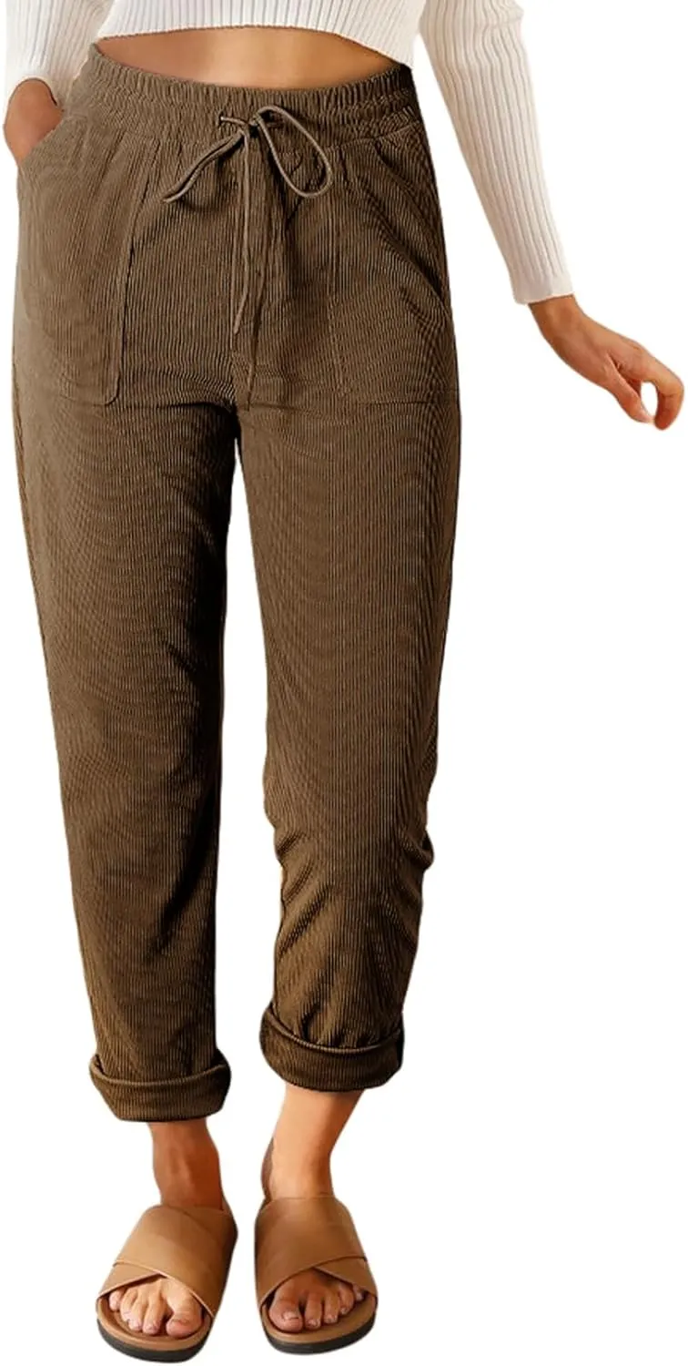 EVALESS Corduroy Pants for Women Casual Drawstring Elastic High Waist Straight Leg Pants Loose Comfy Trousers with Pockets