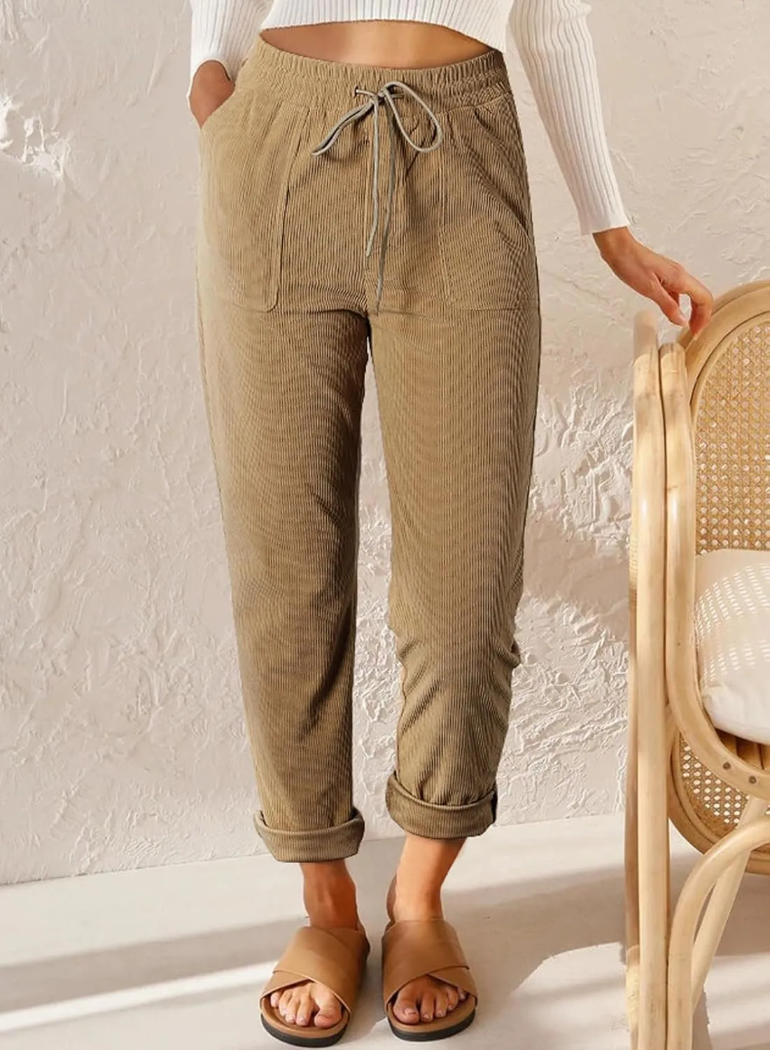 EVALESS Corduroy Pants for Women Casual Drawstring Elastic High Waist Straight Leg Pants Loose Comfy Trousers with Pockets