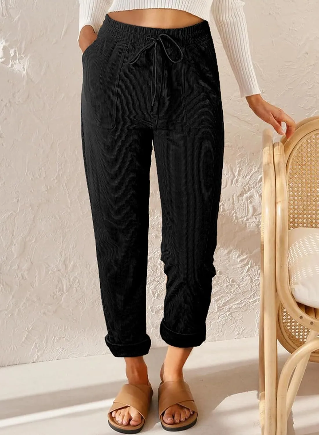 EVALESS Corduroy Pants for Women Casual Drawstring Elastic High Waist Straight Leg Pants Loose Comfy Trousers with Pockets