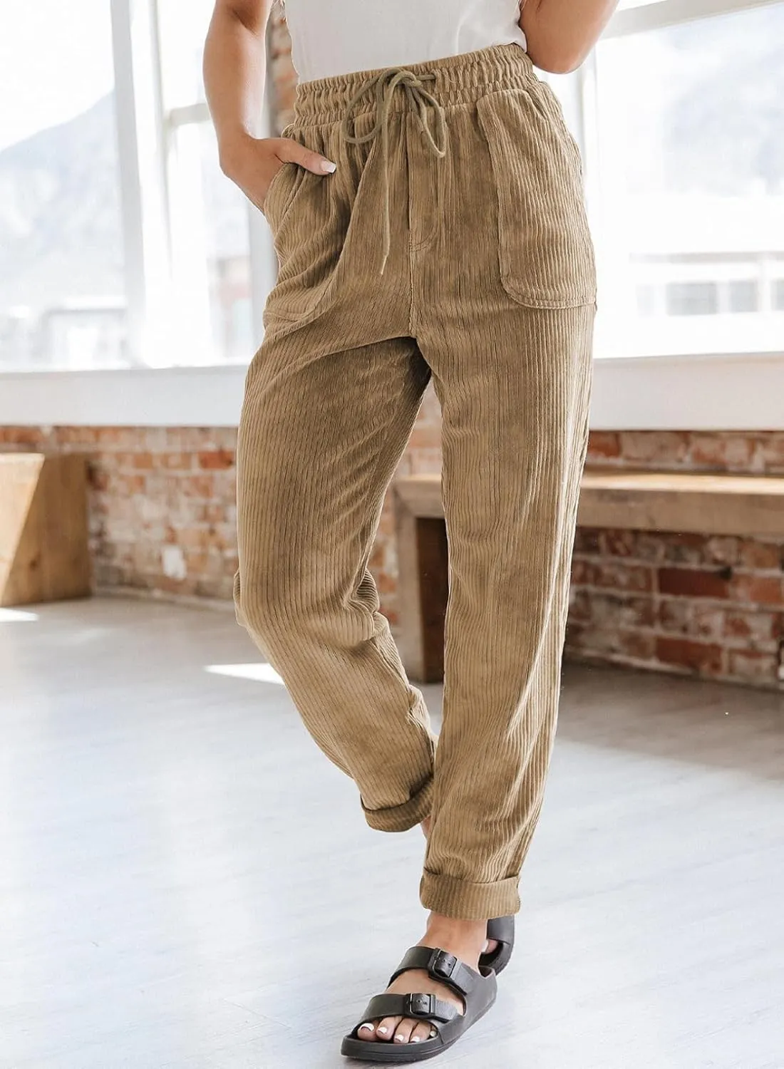 EVALESS Corduroy Pants for Women Casual Drawstring Elastic High Waist Straight Leg Pants Loose Comfy Trousers with Pockets