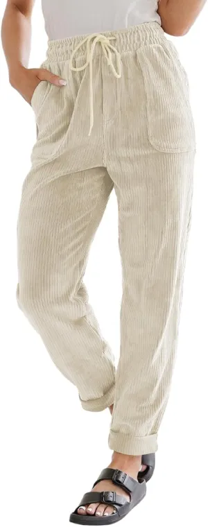 EVALESS Corduroy Pants for Women Casual Drawstring Elastic High Waist Straight Leg Pants Loose Comfy Trousers with Pockets
