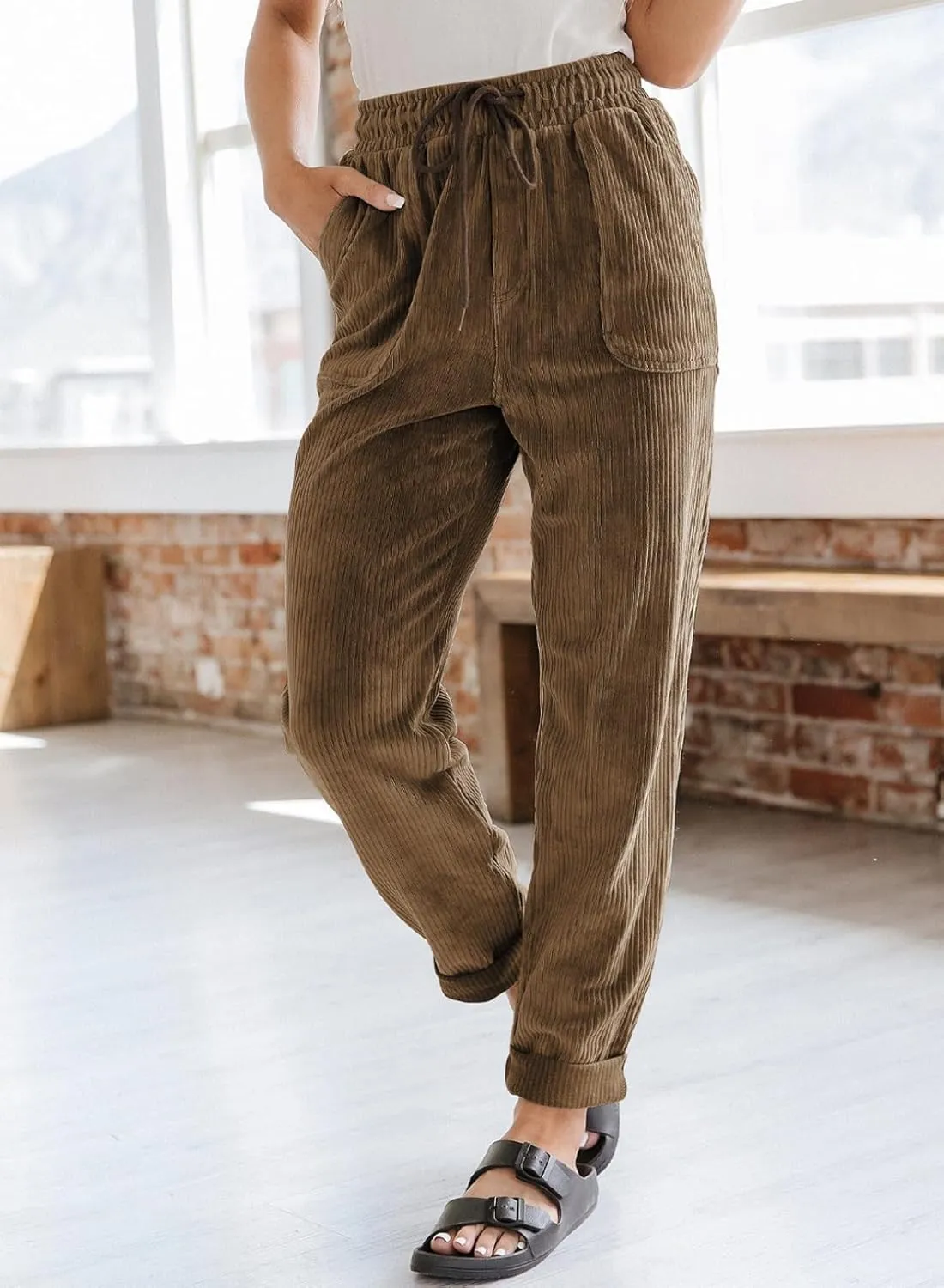 EVALESS Corduroy Pants for Women Casual Drawstring Elastic High Waist Straight Leg Pants Loose Comfy Trousers with Pockets