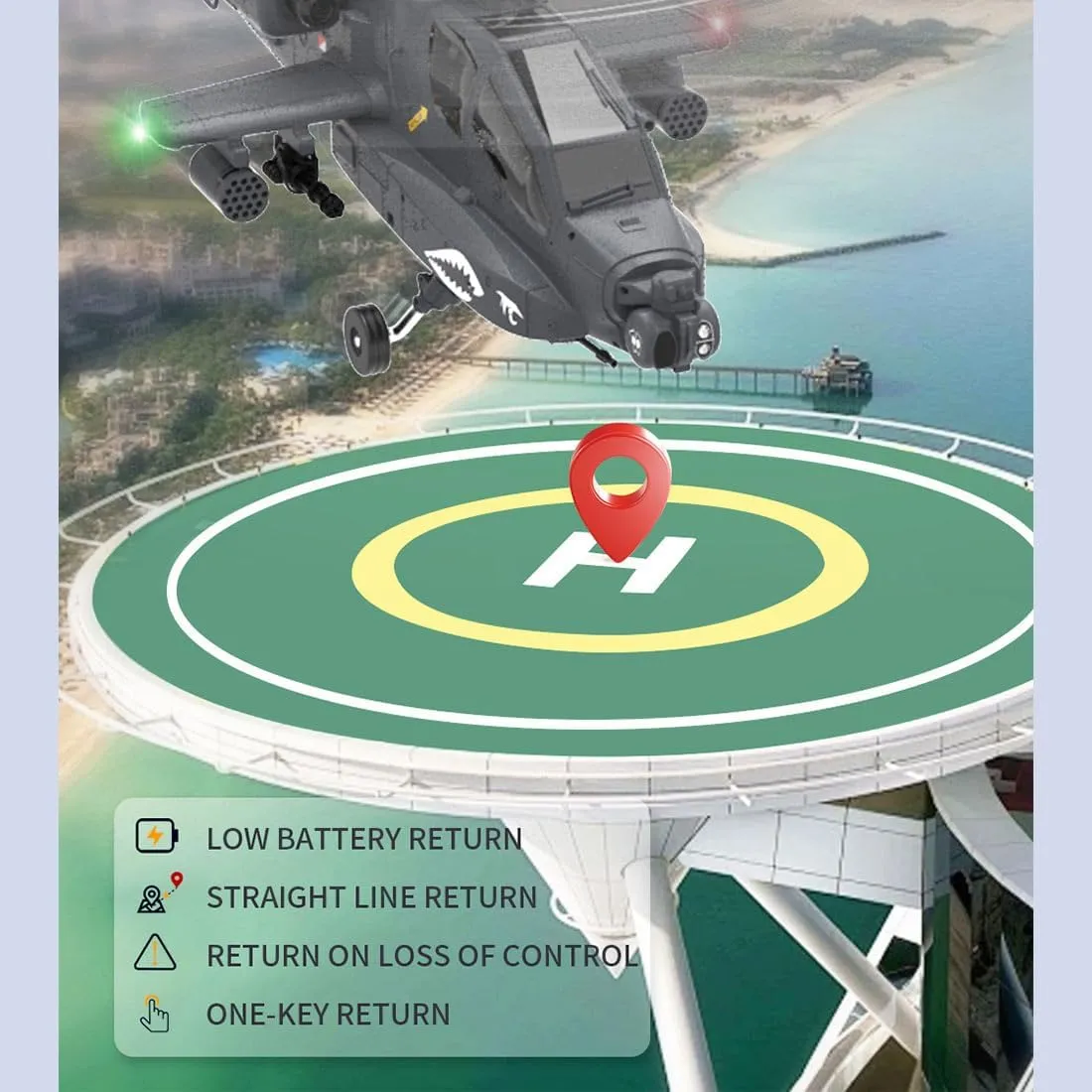 F11-S AH64 RC Helicopter for Adults, 1/32 2.4G 6CH Military Remote Control Helicopter Model with Camera 3 Batteries, 6G/3D Stunt Armed RC Aircraft, RTF GPS Smart Version