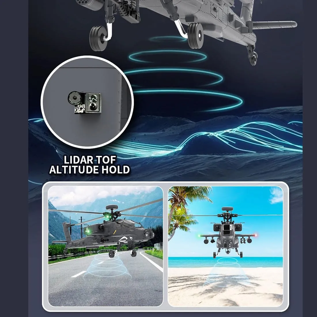 F11-S AH64 RC Helicopter for Adults, 1/32 2.4G 6CH Military Remote Control Helicopter Model with Camera 3 Batteries, 6G/3D Stunt Armed RC Aircraft, RTF GPS Smart Version