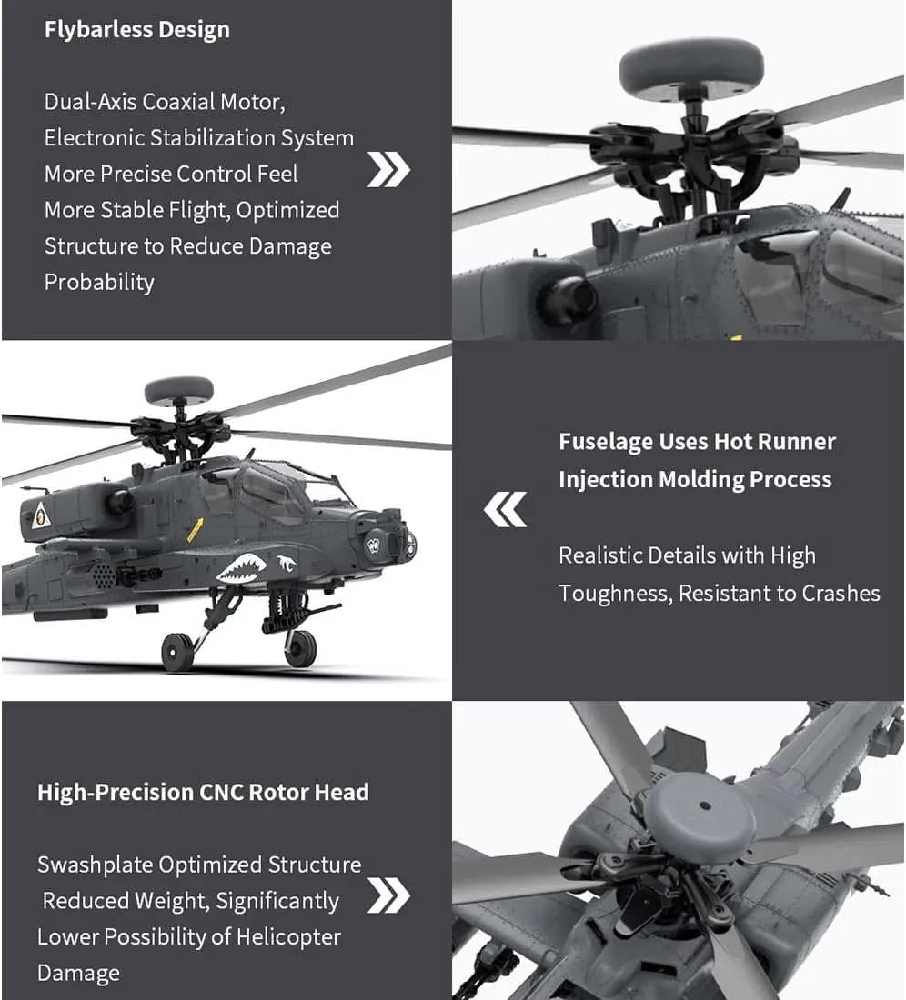 F11-S AH64 RC Helicopter for Adults, 1/32 2.4G 6CH Military Remote Control Helicopter Model with Camera 3 Batteries, 6G/3D Stunt Armed RC Aircraft, RTF GPS Smart Version