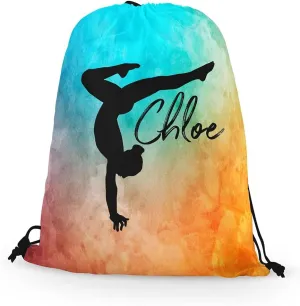 FAN STAR Personalized Gymnastics Drawstring Bag, Gymnast Stag Pose Design Watercolor Backpack Bag