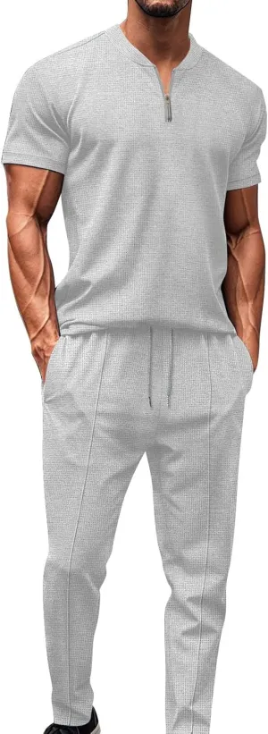 Fashion Set for Mens 2 Piece Stand Collar Small Zipper Short Sleeve Waffle Shirts Long Pants Muscle Fit Sport Clothes