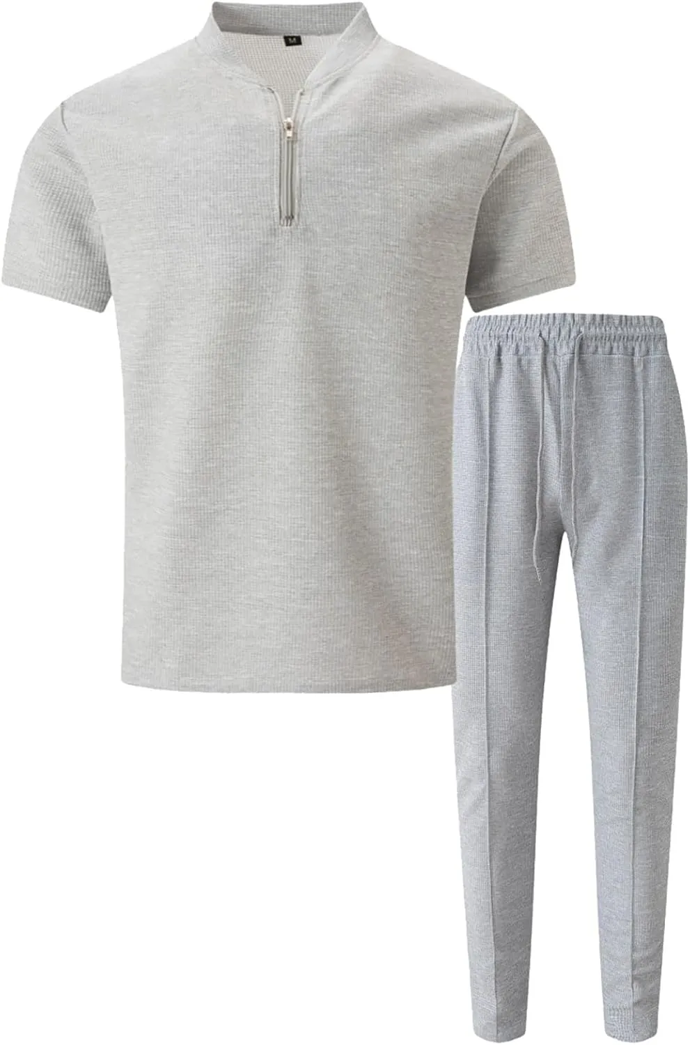 Fashion Set for Mens 2 Piece Stand Collar Small Zipper Short Sleeve Waffle Shirts Long Pants Muscle Fit Sport Clothes