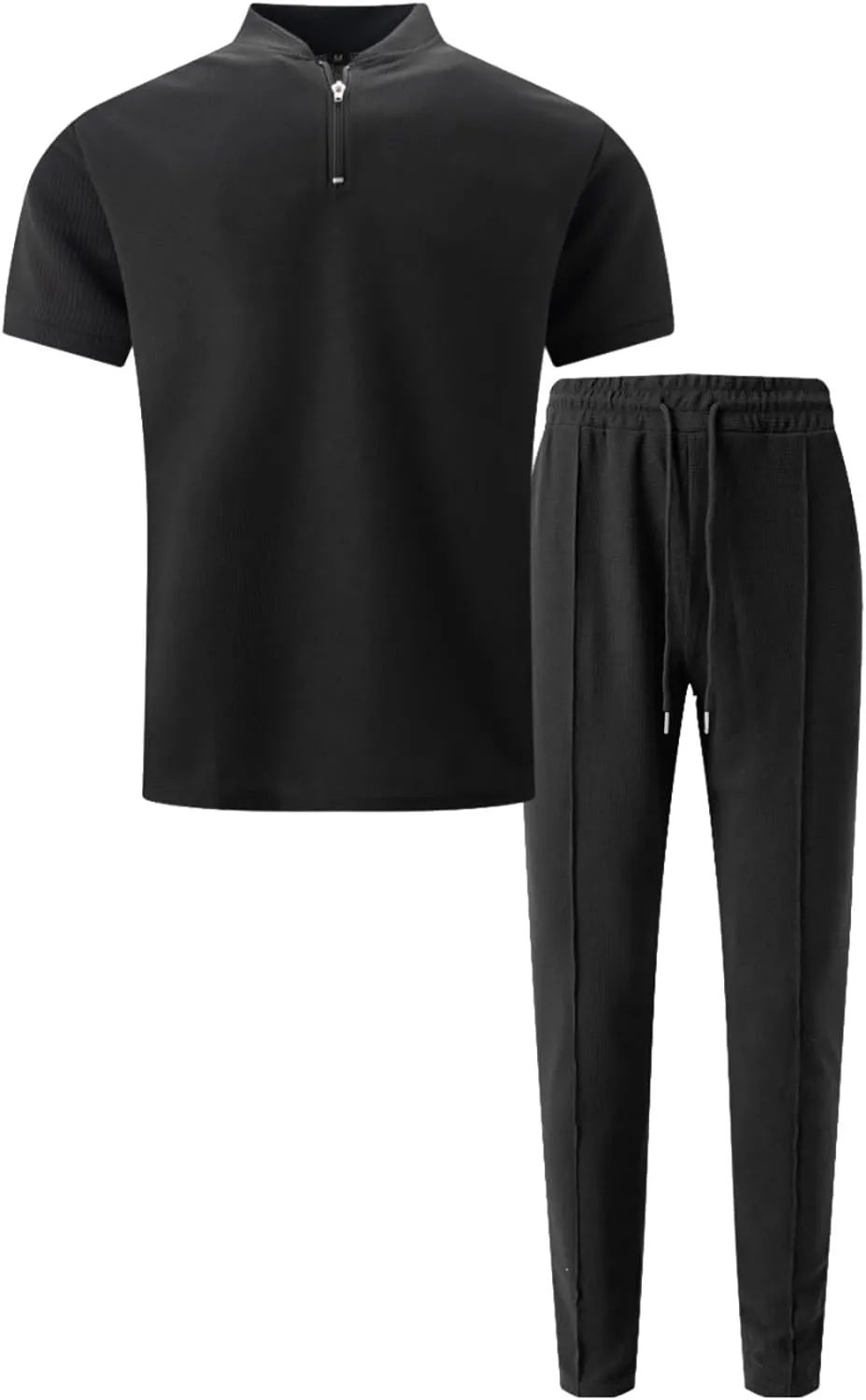 Fashion Set for Mens 2 Piece Stand Collar Small Zipper Short Sleeve Waffle Shirts Long Pants Muscle Fit Sport Clothes