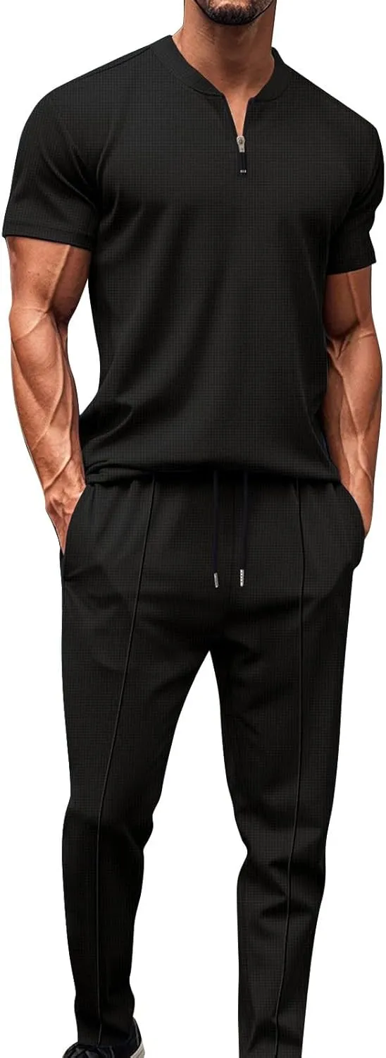 Fashion Set for Mens 2 Piece Stand Collar Small Zipper Short Sleeve Waffle Shirts Long Pants Muscle Fit Sport Clothes