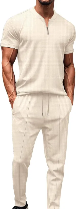 Fashion Set for Mens 2 Piece Stand Collar Small Zipper Short Sleeve Waffle Shirts Long Pants Muscle Fit Sport Clothes