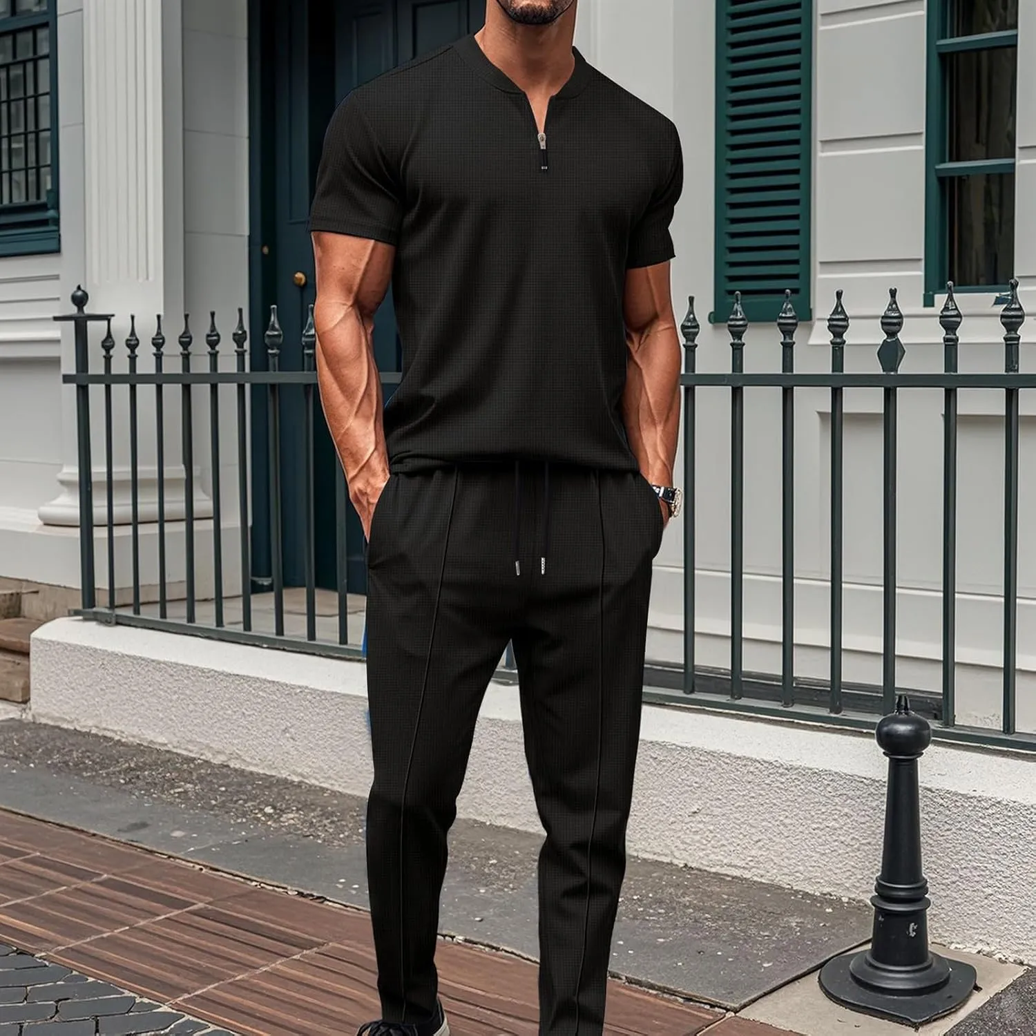 Fashion Set for Mens 2 Piece Stand Collar Small Zipper Short Sleeve Waffle Shirts Long Pants Muscle Fit Sport Clothes