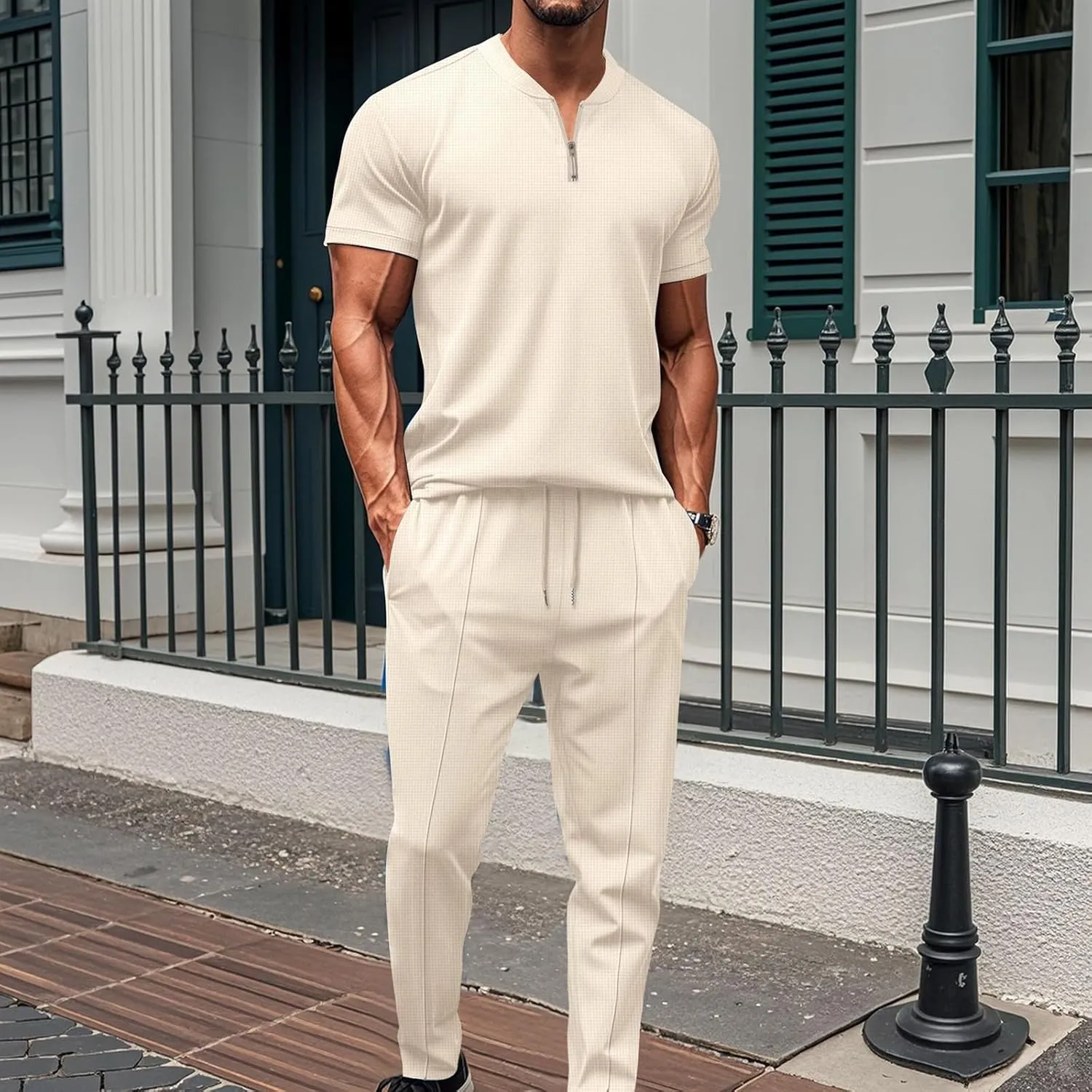 Fashion Set for Mens 2 Piece Stand Collar Small Zipper Short Sleeve Waffle Shirts Long Pants Muscle Fit Sport Clothes