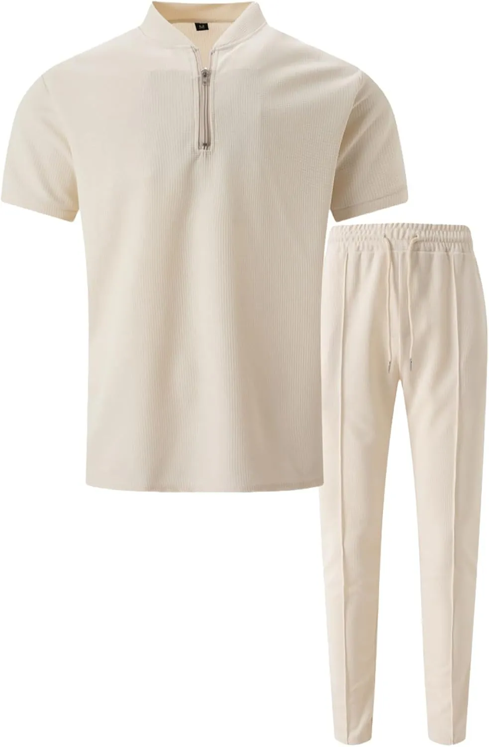 Fashion Set for Mens 2 Piece Stand Collar Small Zipper Short Sleeve Waffle Shirts Long Pants Muscle Fit Sport Clothes