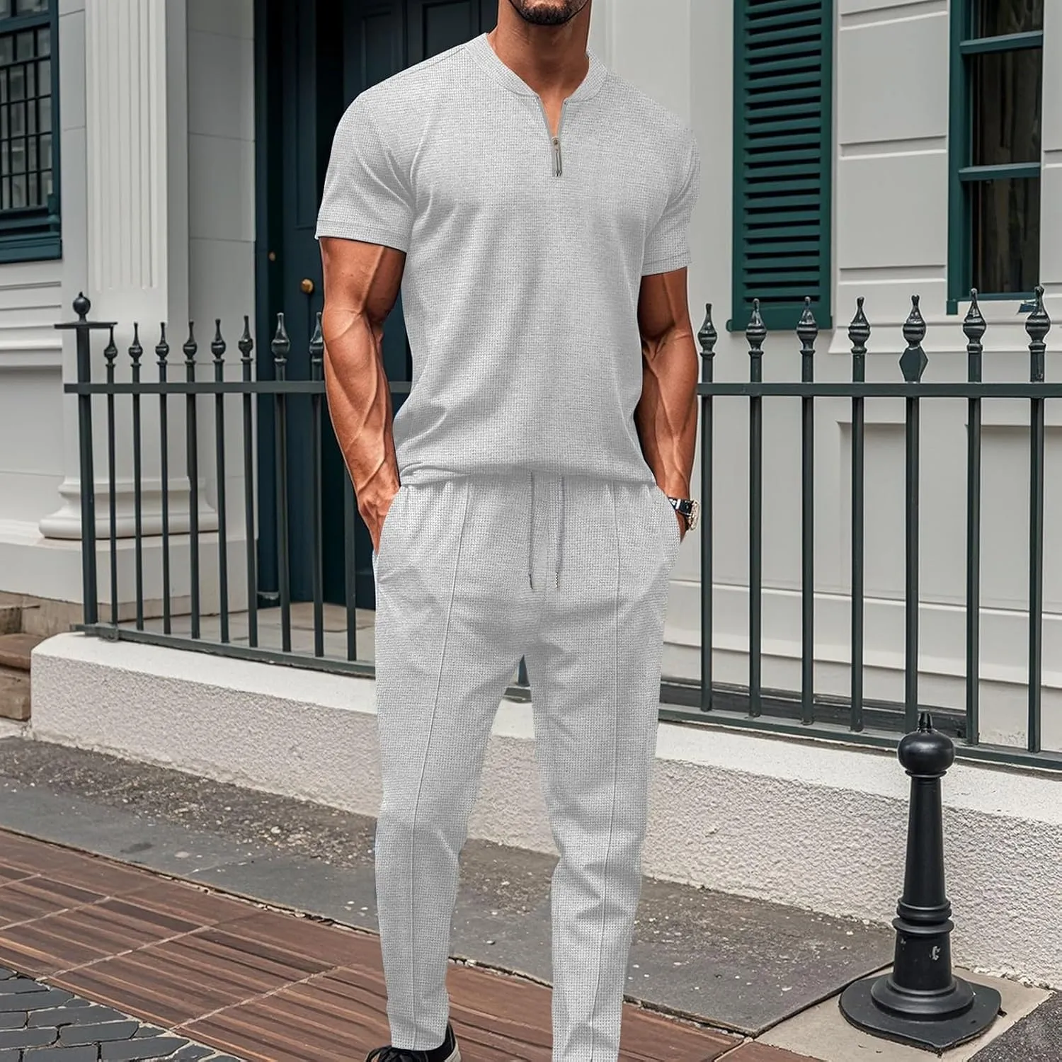 Fashion Set for Mens 2 Piece Stand Collar Small Zipper Short Sleeve Waffle Shirts Long Pants Muscle Fit Sport Clothes