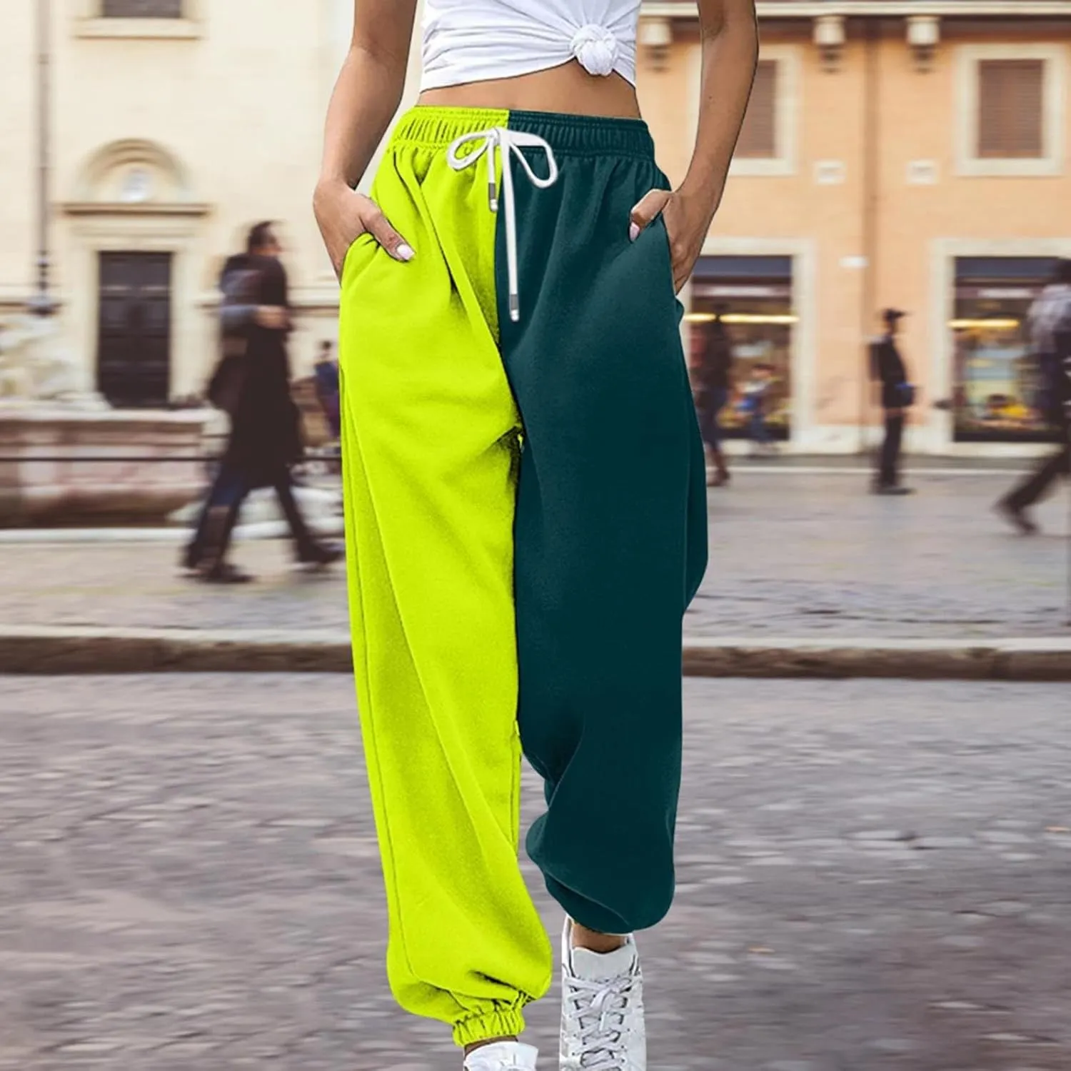 Fashion Two Tone Sweatpants for Women Casual Loose Fit Drawstring Elastic Waistband Cinch Bottom Slacks Workout Sport Joggers