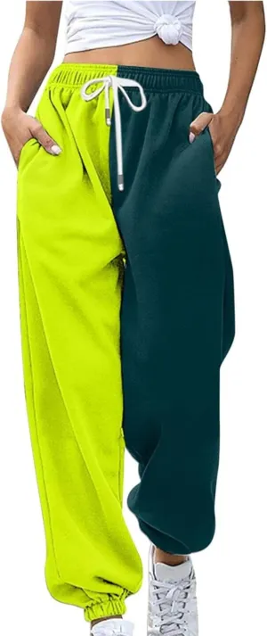 Fashion Two Tone Sweatpants for Women Casual Loose Fit Drawstring Elastic Waistband Cinch Bottom Slacks Workout Sport Joggers