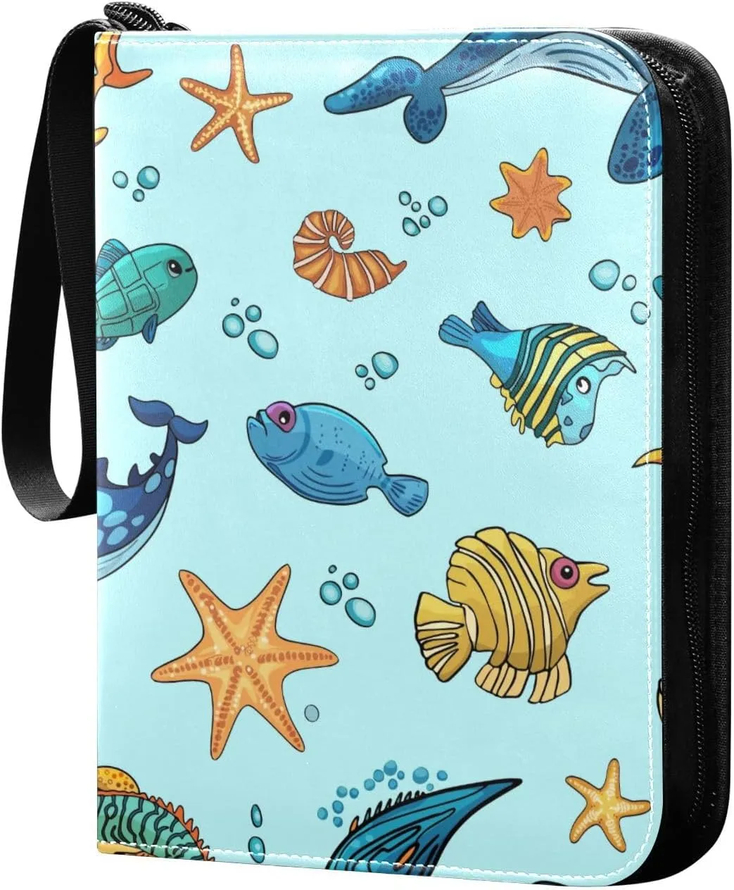 Fish Anchor Octopuses Sharks Pattern Card Binder for Trading Cards, 4 Pocket with 50 Sleeves up to 400 Cards, Double Sided Pockets Card Holder Carry Case for Baseball Card, Football Card, Gaming Cards