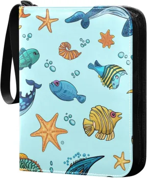 Fish Anchor Octopuses Sharks Pattern Card Binder for Trading Cards, 4 Pocket with 50 Sleeves up to 400 Cards, Double Sided Pockets Card Holder Carry Case for Baseball Card, Football Card, Gaming Cards