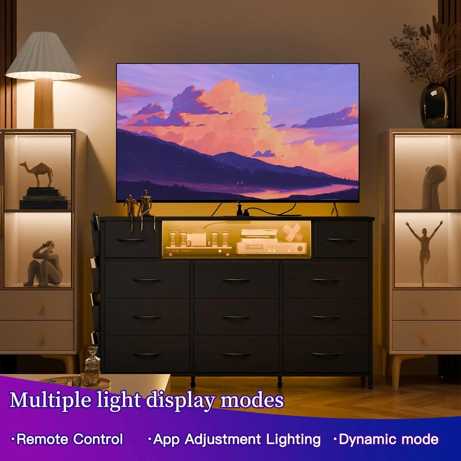 Fixwal Black Dresser for Bedroom with 11 Drawers and Power Outlets LED Lights with Side Pocket for Kids Bedroom, Fabric Chest of Drawers, for 60inch TV Long Dresser Storage Organize
