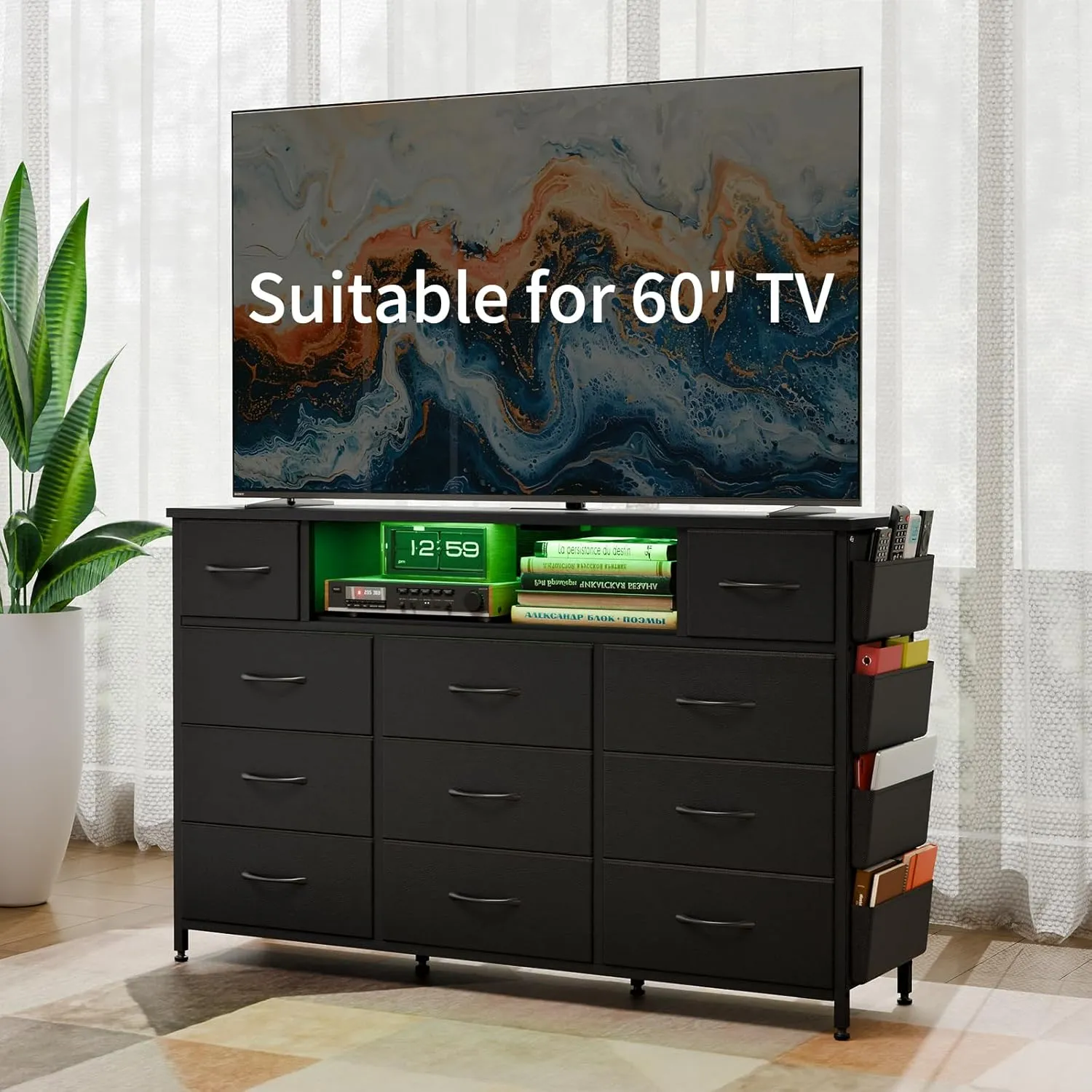Fixwal Black Dresser for Bedroom with 11 Drawers and Power Outlets LED Lights with Side Pocket for Kids Bedroom, Fabric Chest of Drawers, for 60inch TV Long Dresser Storage Organize