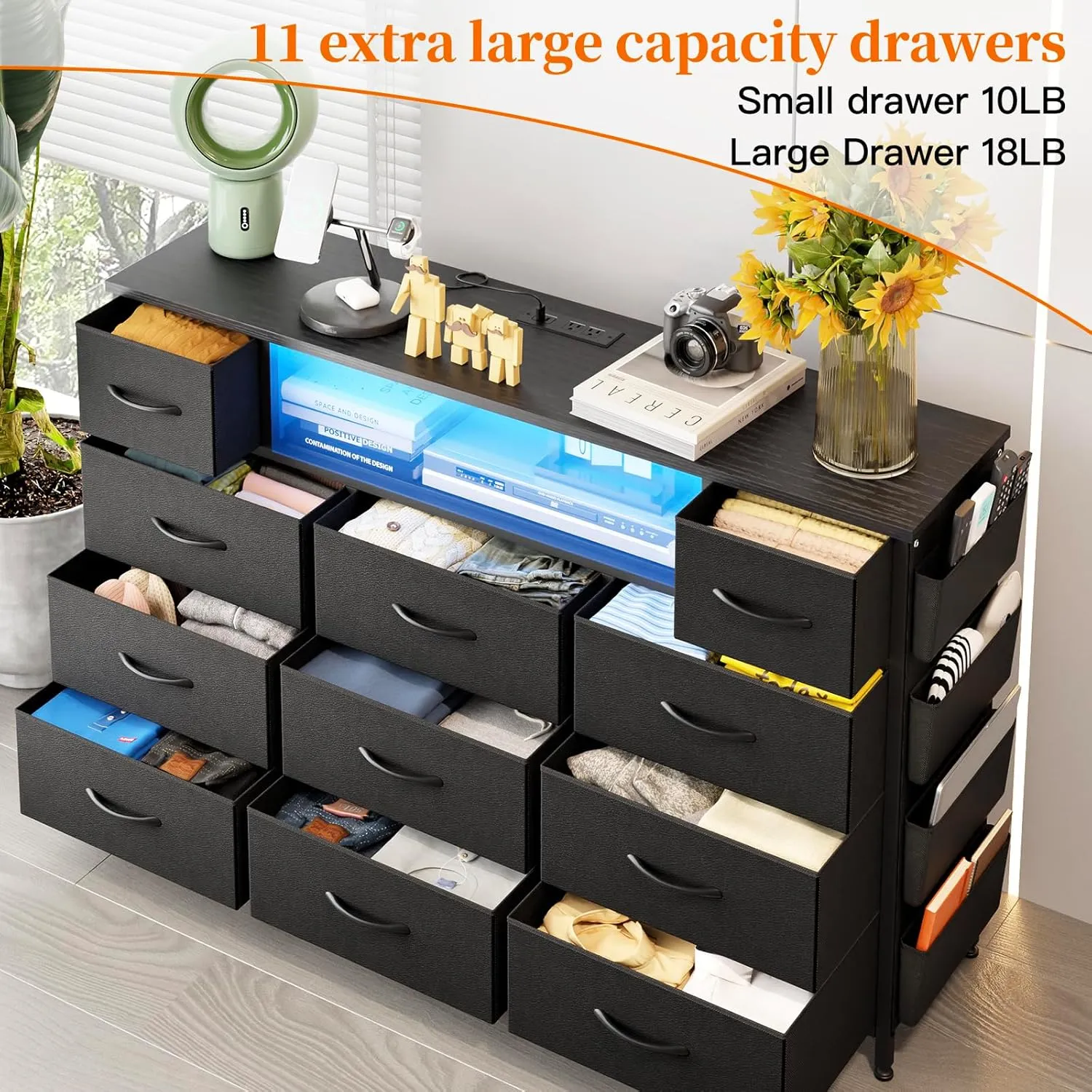 Fixwal Black Dresser for Bedroom with 11 Drawers and Power Outlets LED Lights with Side Pocket for Kids Bedroom, Fabric Chest of Drawers, for 60inch TV Long Dresser Storage Organize