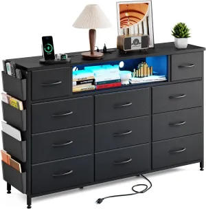 Fixwal Black Dresser for Bedroom with 11 Drawers and Power Outlets LED Lights with Side Pocket for Kids Bedroom, Fabric Chest of Drawers, for 60inch TV Long Dresser Storage Organize