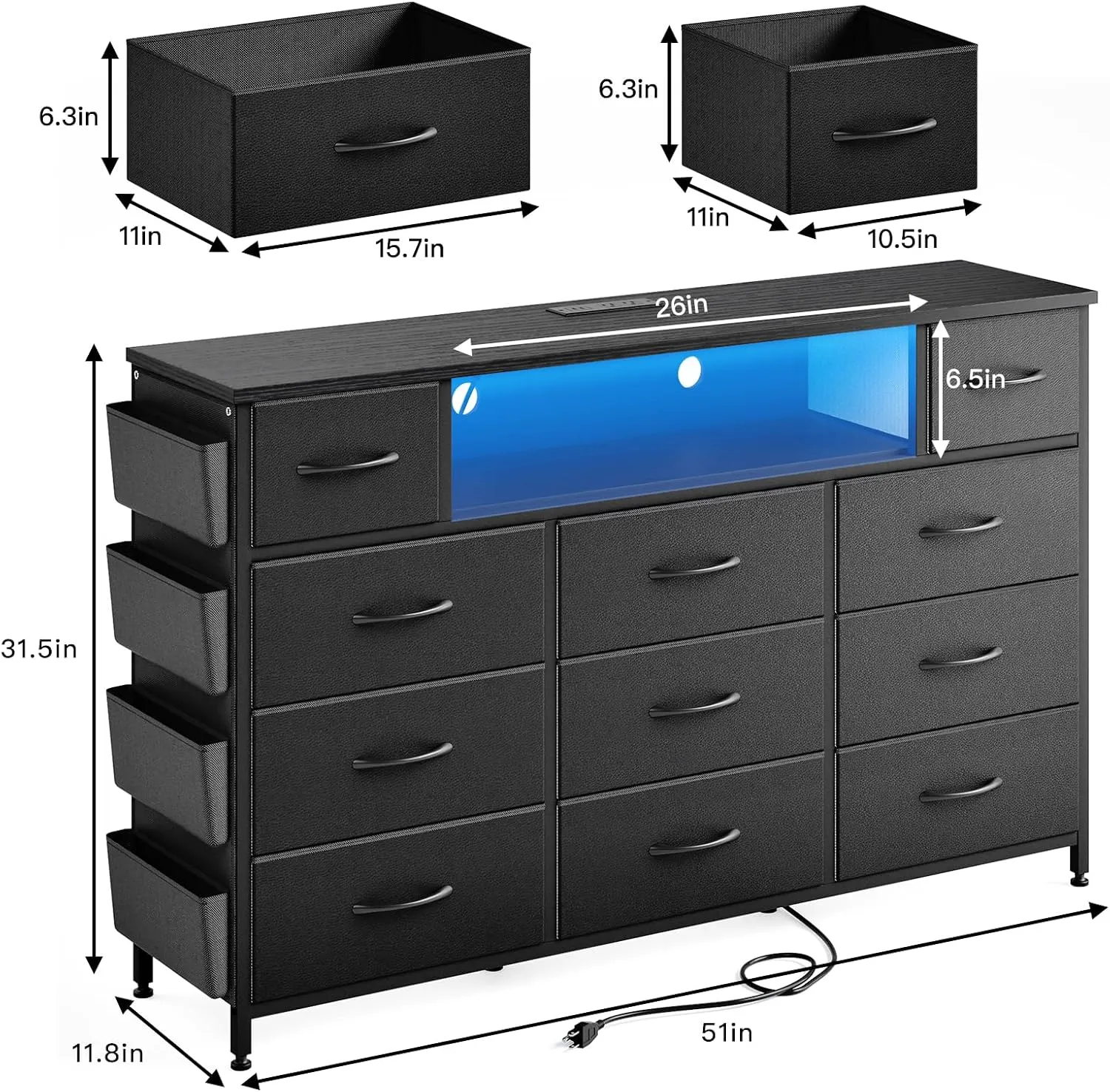 Fixwal Black Dresser for Bedroom with 11 Drawers and Power Outlets LED Lights with Side Pocket for Kids Bedroom, Fabric Chest of Drawers, for 60inch TV Long Dresser Storage Organize