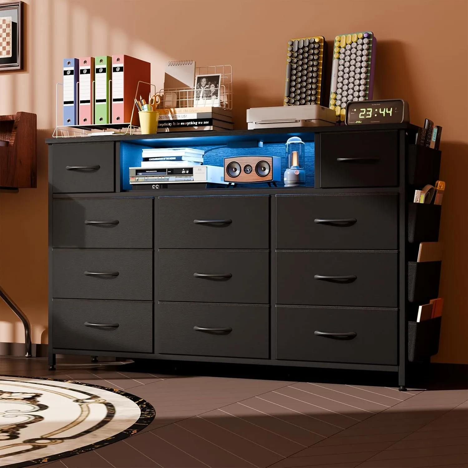 Fixwal Black Dresser for Bedroom with 11 Drawers and Power Outlets LED Lights with Side Pocket for Kids Bedroom, Fabric Chest of Drawers, for 60inch TV Long Dresser Storage Organize