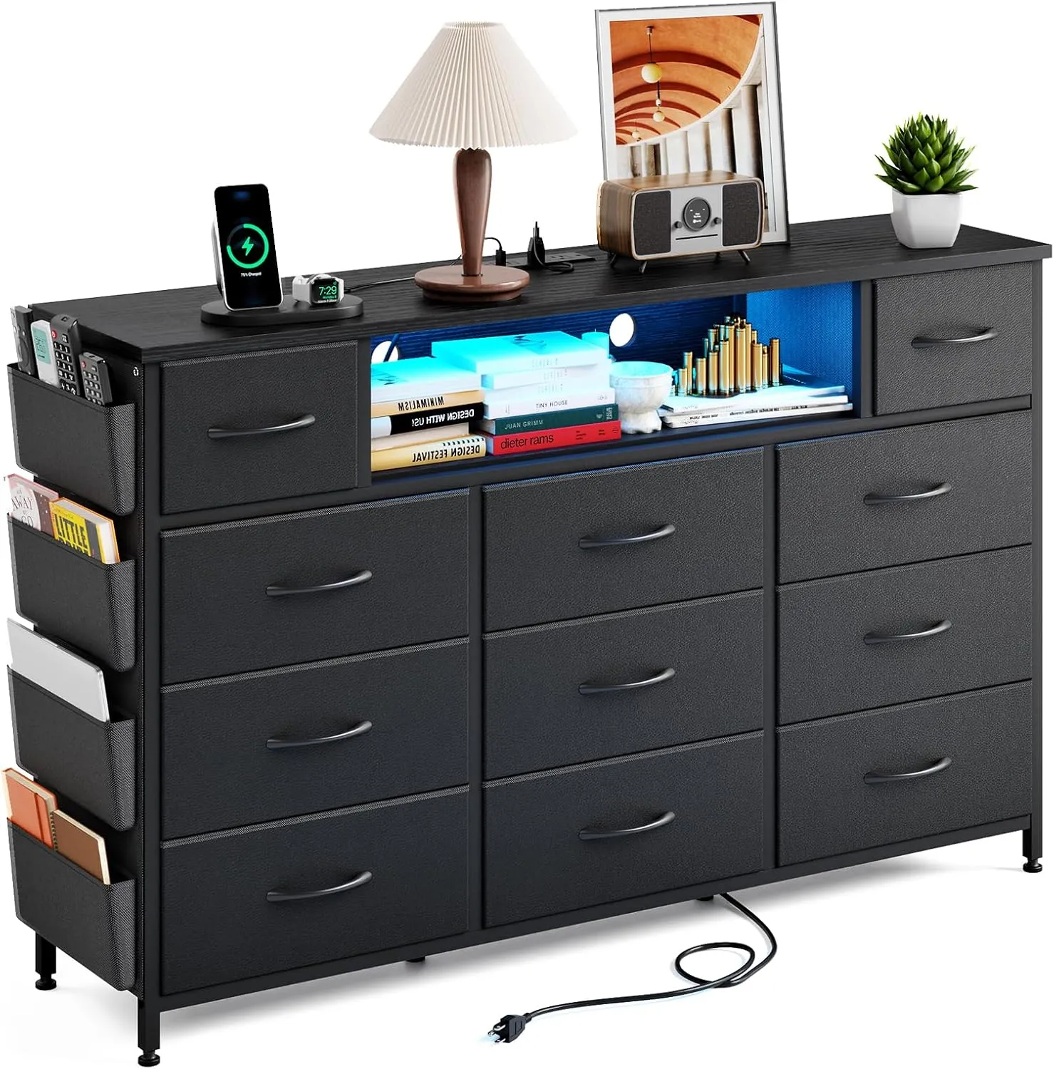 Fixwal Black Dresser for Bedroom with 11 Drawers and Power Outlets LED Lights with Side Pocket for Kids Bedroom, Fabric Chest of Drawers, for 60inch TV Long Dresser Storage Organize