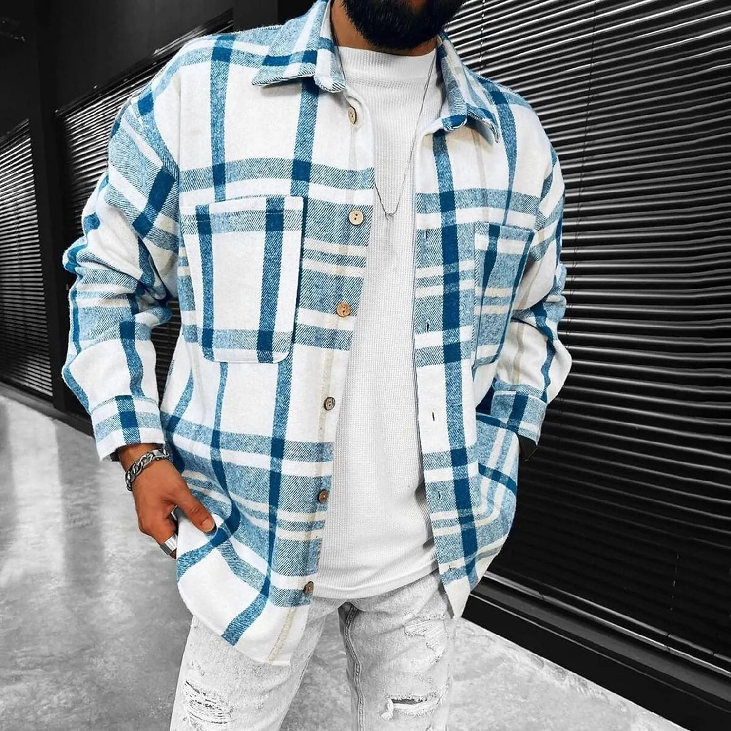 Flannel Shirt for Men Casual 2024 Coat Drawstring Pocket Pants Set Flannel Shirt for Men Sherpa Flannel Shirt Jacket