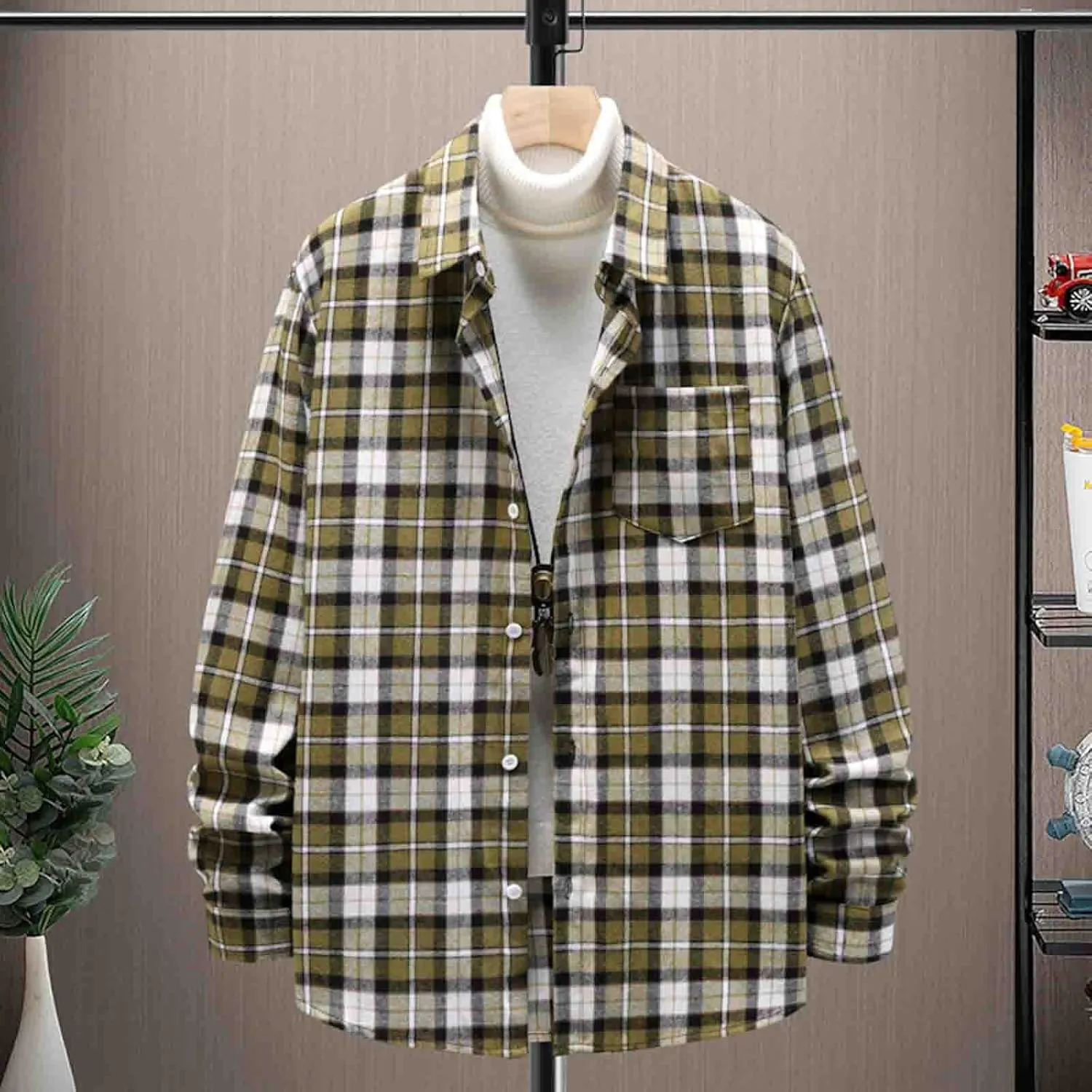 Flannel Shirt for Men Casual 2024 Coat Drawstring Pocket Pants Set Flannel Shirt for Men Sherpa Flannel Shirt Jacket