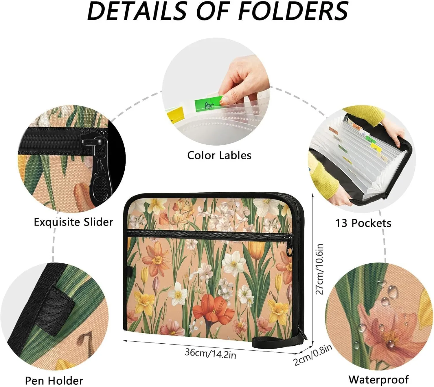 Flowers Flower Daffodils Amaryllis Rose Gold Expanding File Folders A4 Size Folders for Documents with Zipper Organizer with Label Office File Folder for Meeting
