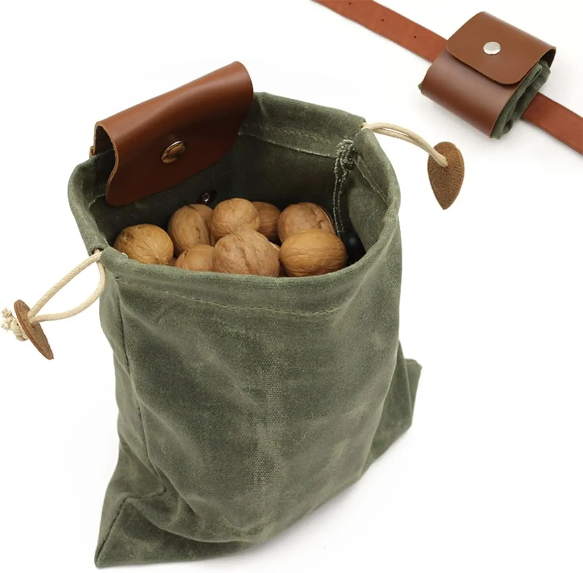 Foraging Bag Waxed Canvas Collapsible Outdoor Camping Foraging Pouch Mushroom Storage Water Resistant Leather Bushcraft Belt Tinder Dump Pouchs Brown for Travel Camping Hiking Bag Only (Green)