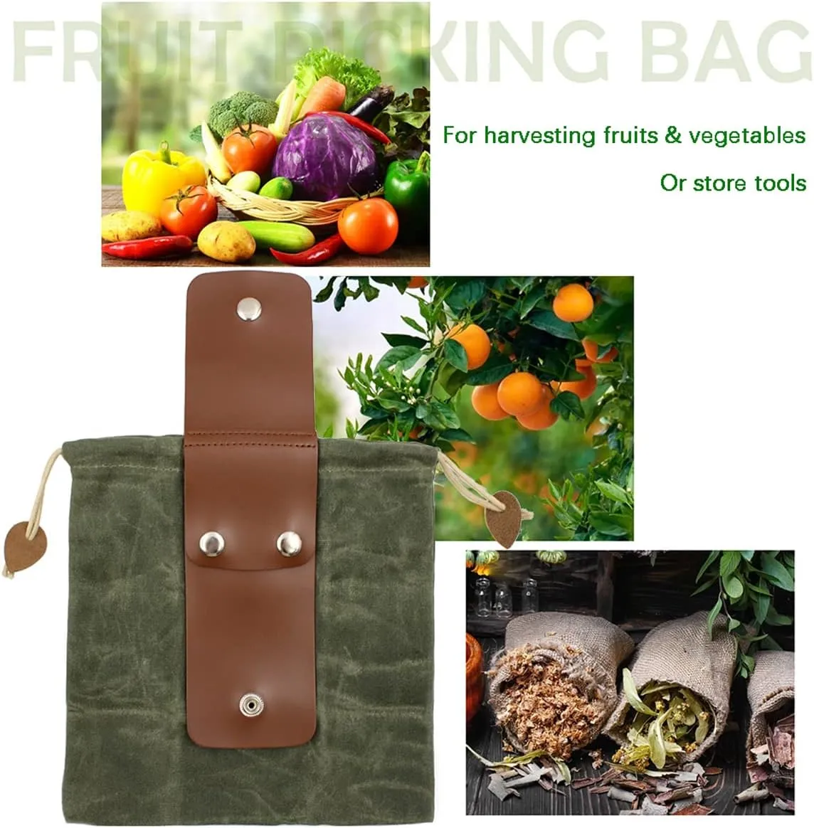 Foraging Bag Waxed Canvas Collapsible Outdoor Camping Foraging Pouch Mushroom Storage Water Resistant Leather Bushcraft Belt Tinder Dump Pouchs Brown for Travel Camping Hiking Bag Only (Green)