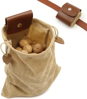 Foraging Bag Waxed Canvas PU Leather Collapsible Outdoor Foraging Pouch Mushroom Hunting Storage Bushcraft Belt Water Resistant Tinder Dump for Travel Camping Hiking Picking up Bag Only (Khaki)