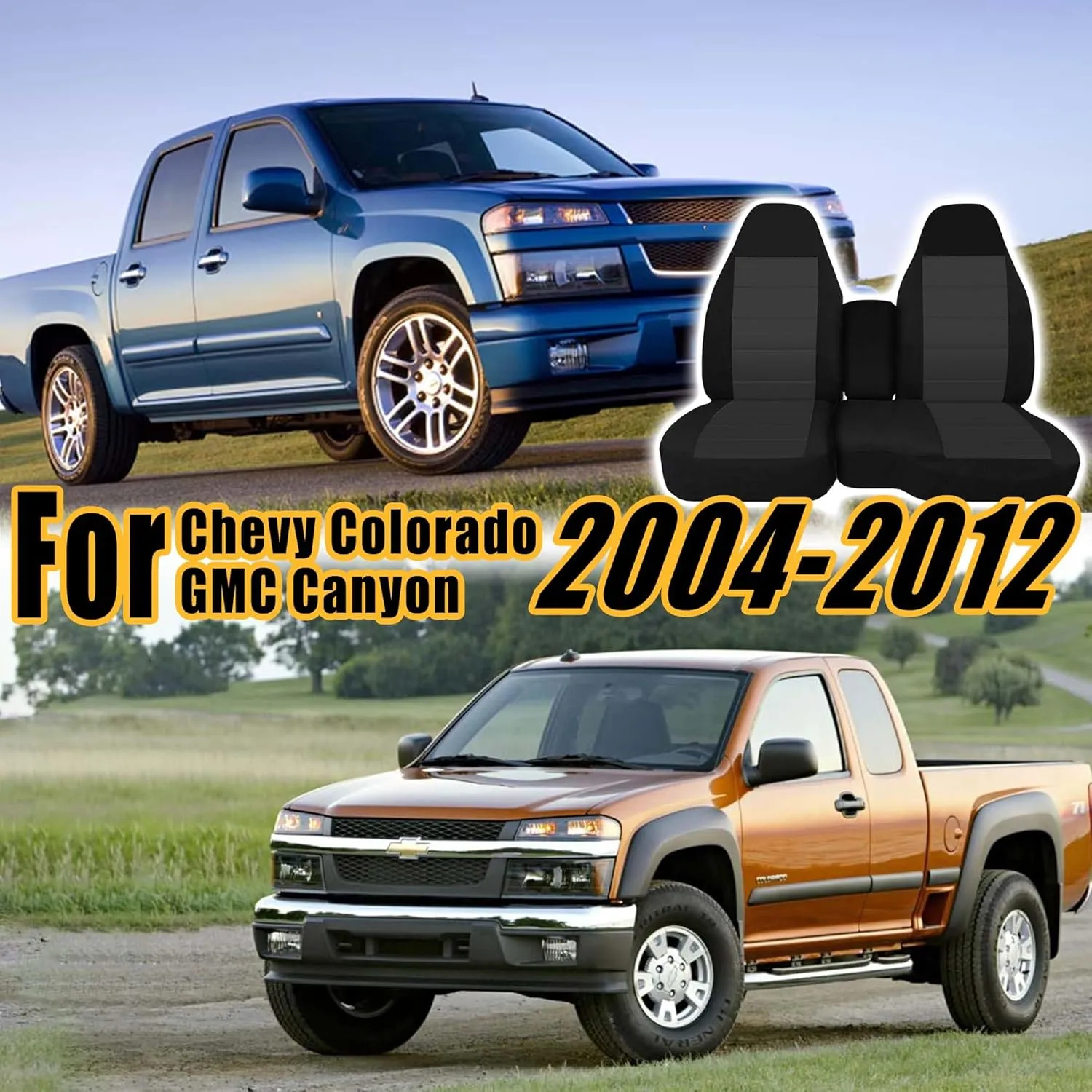 Front 60/40 Split Bench Seat Covers with Console Armrest Truck Seat Cover, Compatible with Chevy Colorado GMC Canyon 2004 2005 2006 2007 2008 2009 2010 2011 2012-Black