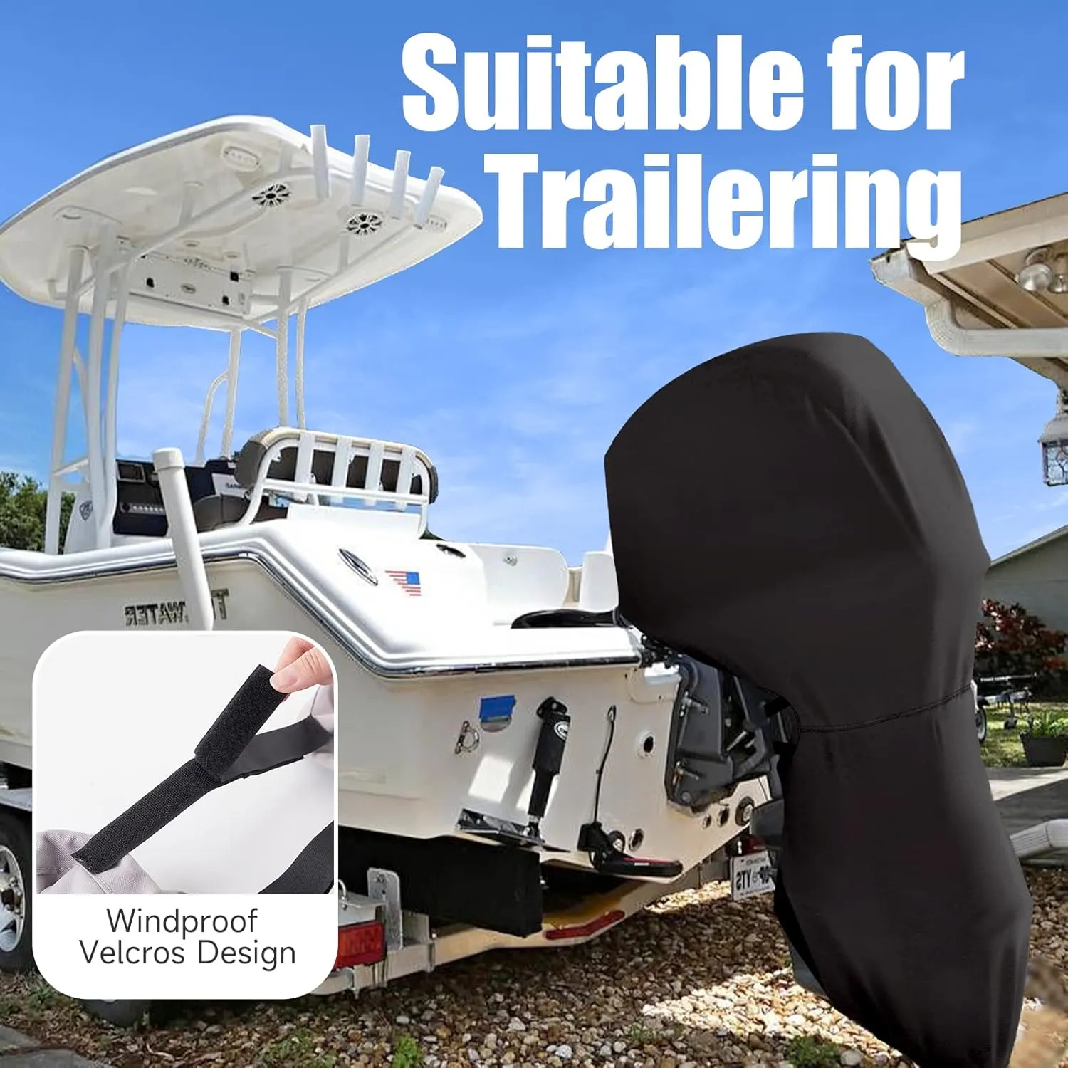 Full Outboard Motor Cover, 800D Heavy Duty Waterproof Boat Motor Cover, Trailerable Boat Engine Cover Fit for Motor 100-150 HP, Black