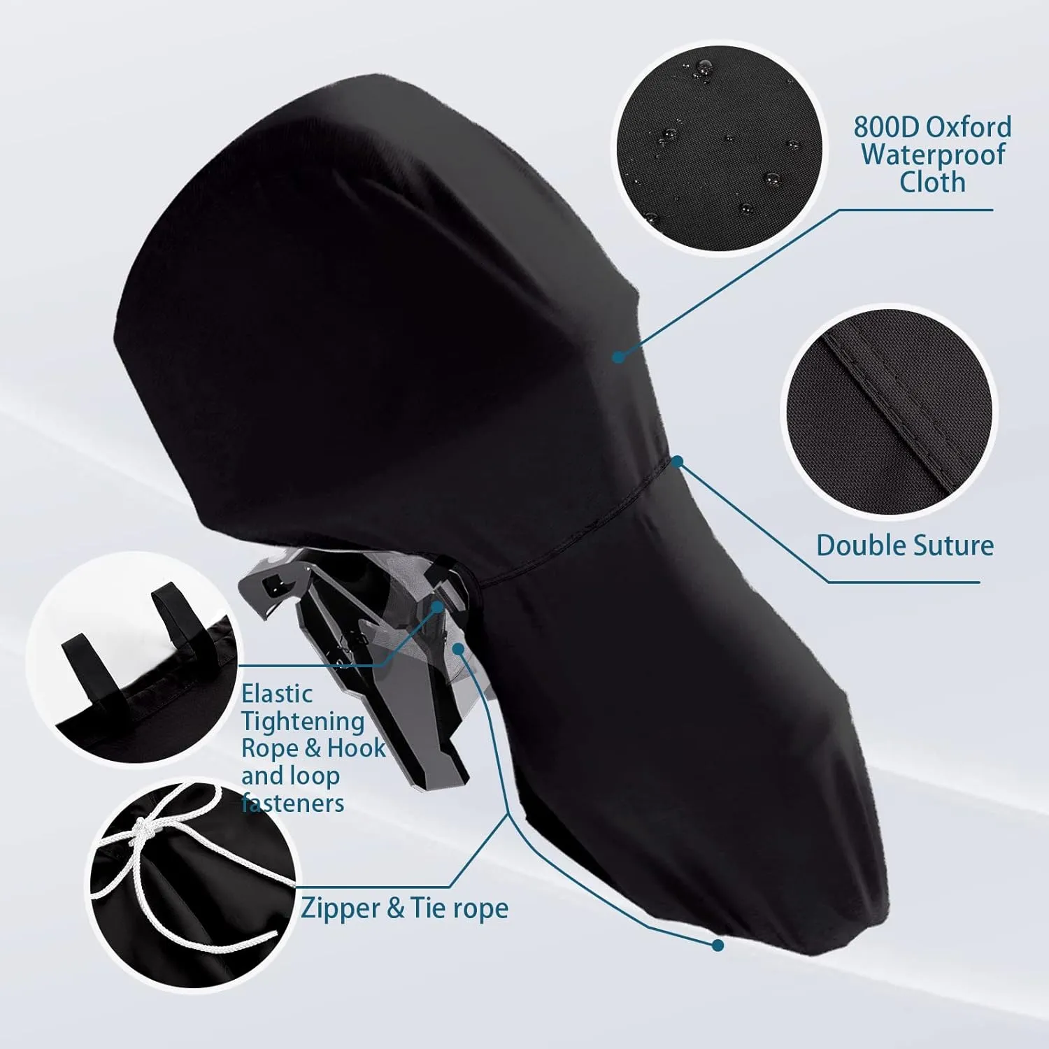 Full Outboard Motor Cover, 800D Heavy Duty Waterproof Boat Motor Cover, Trailerable Boat Engine Cover Fit for Motor 100-150 HP, Black