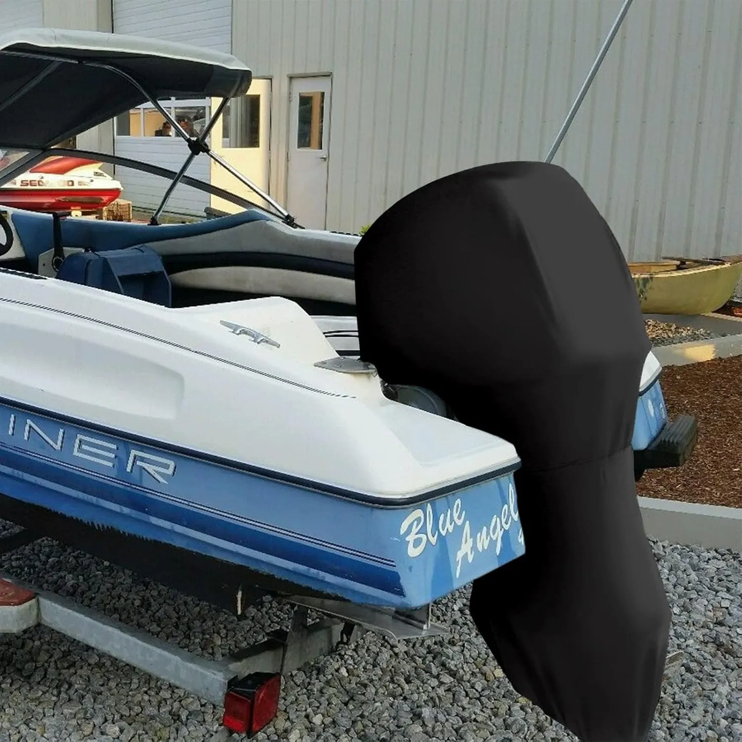 Full Outboard Motor Cover, 800D Heavy Duty Waterproof Boat Motor Cover, Trailerable Boat Engine Cover Fit for Motor 100-150 HP, Black