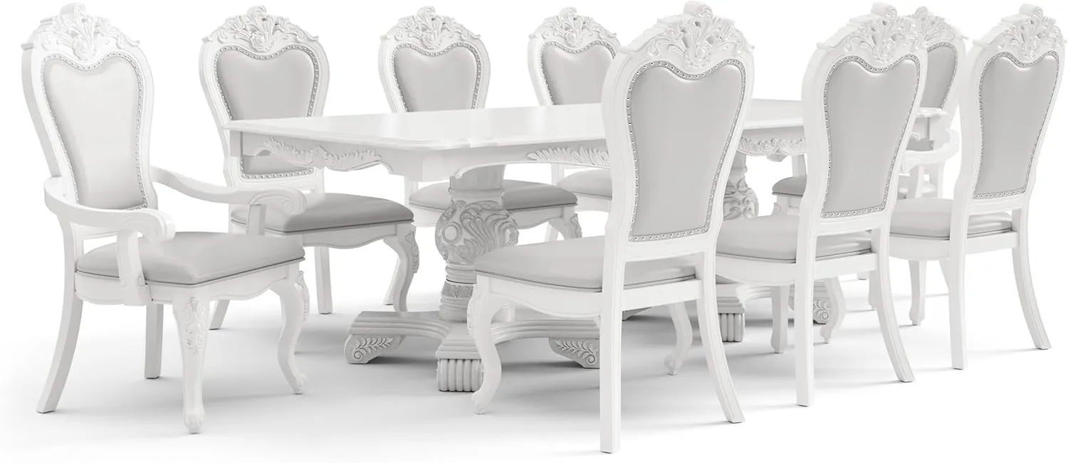 Furniture of America Adair Traditional Solid Wood 9-Piece Dining Set with Double Pedestal Expandable Table and 8 Leather Padded Side Chairs, Seat up to 8, for Home, Kitchen, Living Room, White