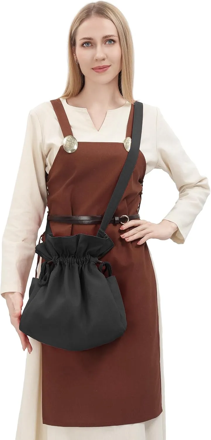 FURPHI Medieval Drawstring Bag Canvas Shoulder Bag with Side Pockets Renaissance Costume Accessories for Ren Faire LARP (Black)