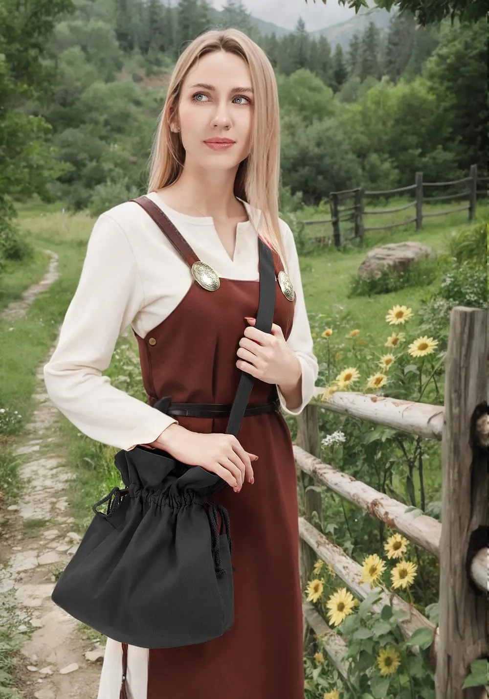 FURPHI Medieval Drawstring Bag Canvas Shoulder Bag with Side Pockets Renaissance Costume Accessories for Ren Faire LARP (Black)