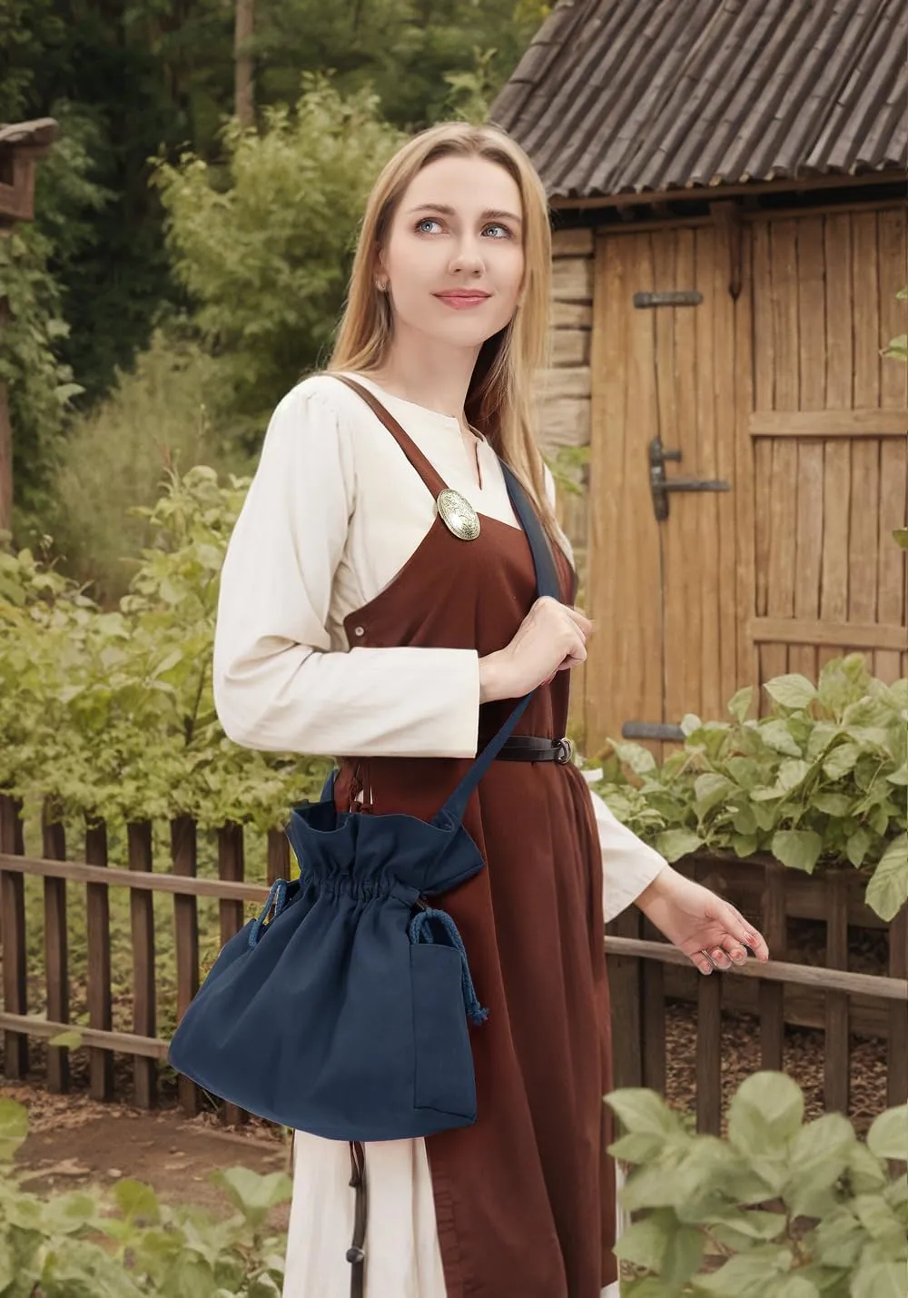 FURPHI Medieval Drawstring Bag Canvas Shoulder Bag with Side Pockets Renaissance Costume Accessories for Ren Faire LARP (Blue)