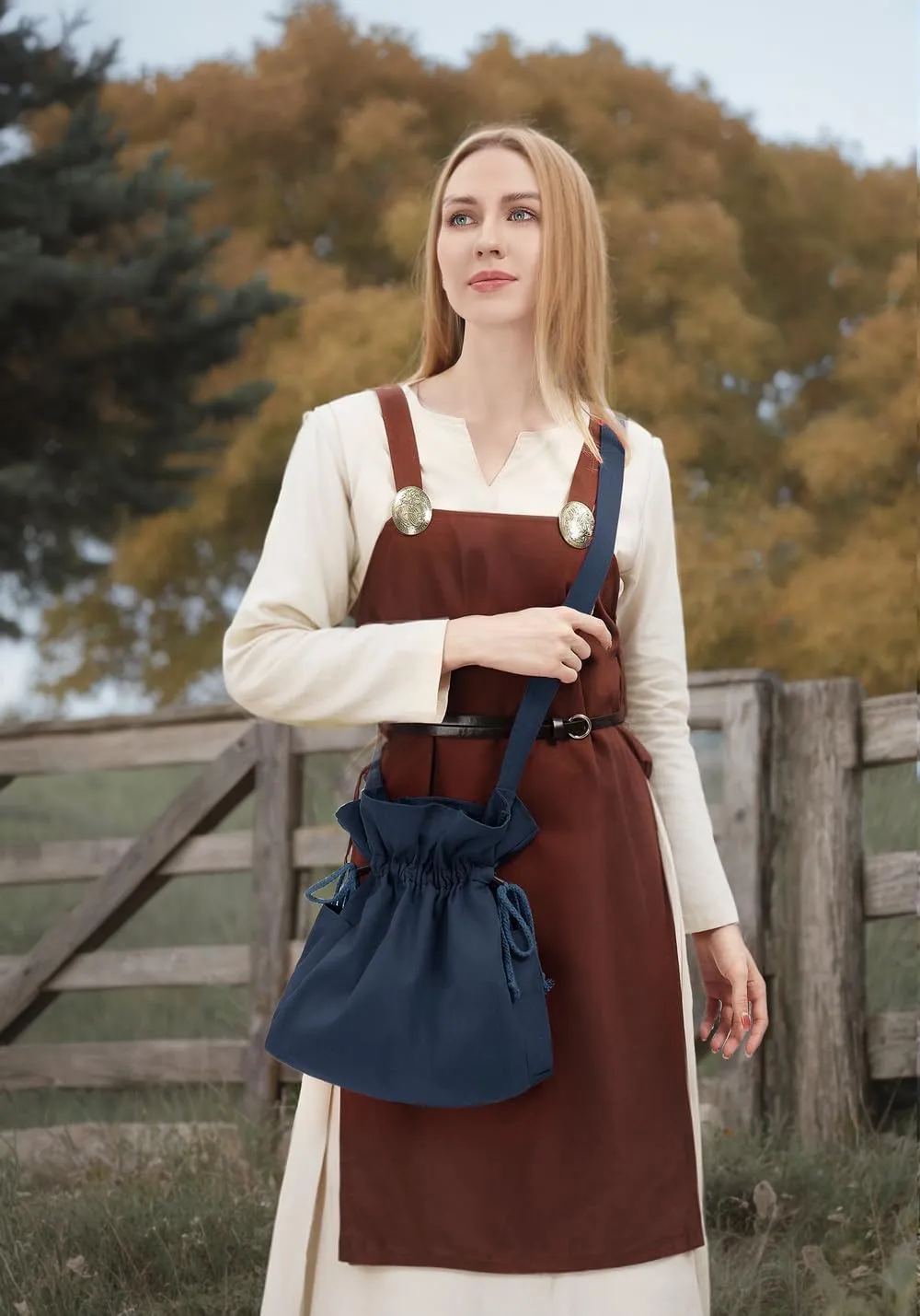 FURPHI Medieval Drawstring Bag Canvas Shoulder Bag with Side Pockets Renaissance Costume Accessories for Ren Faire LARP (Blue)