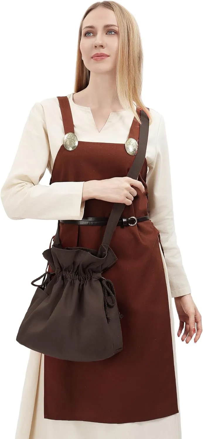 FURPHI Medieval Drawstring Bag Canvas Shoulder Bag with Side Pockets Renaissance Costume Accessories for Ren Faire LARP (Brown)